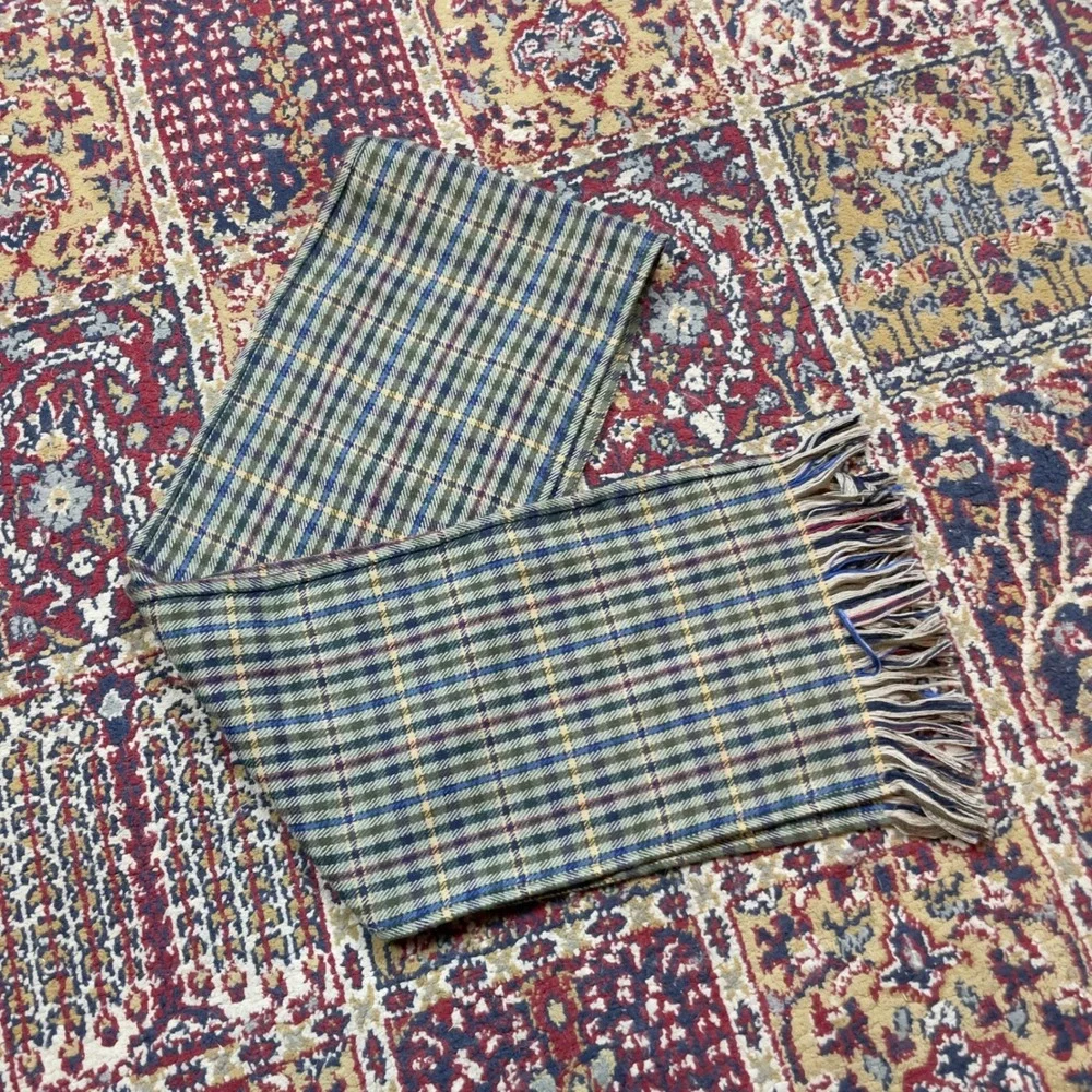 VTG 80s 90s Classic Plaid Scarf Fringe Wool Blend Green Blue Yellow check 60